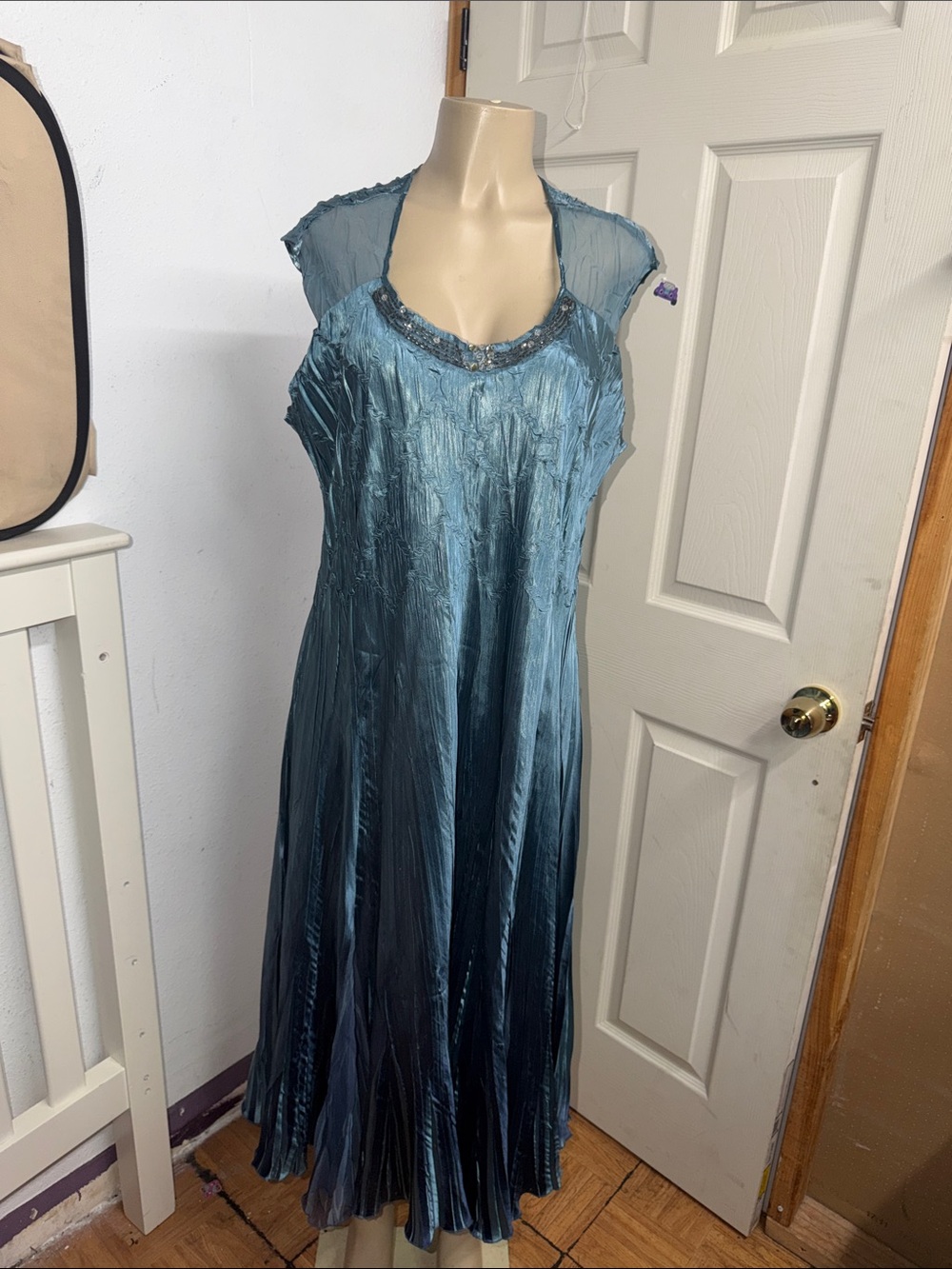 Komarov Blue-Green Satin Maxi Dress with Beaded Neckline
